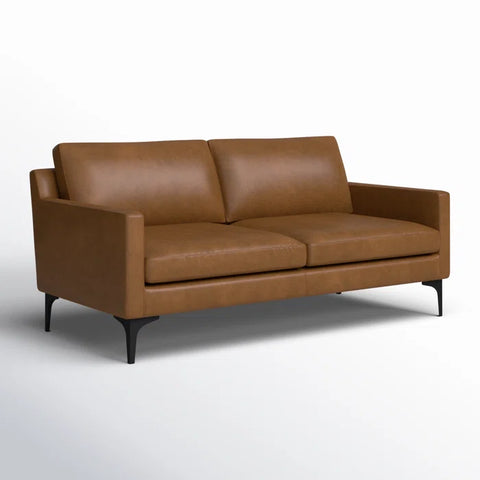 Modern Faux Leather Loveseat – Brown Leatherette Sofa with Track Arms, Black Metal Legs & Solid Wood Frame