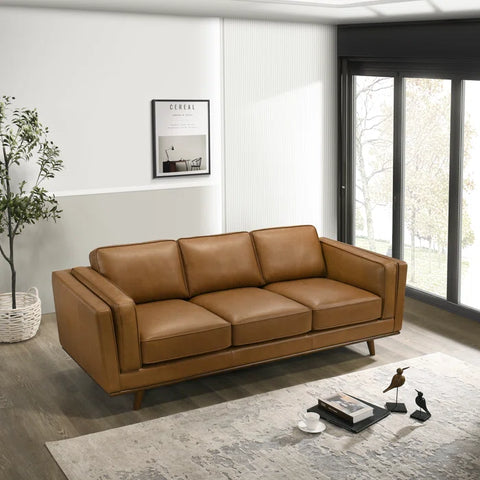 Mid-Century Faux Leather Sofa – 3-Seater Camel Brown Couch with Removable Cushions & Tapered Wood Legs for Living Room or Office