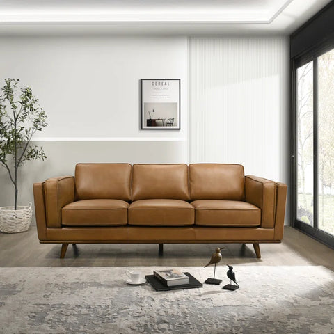 Mid-Century Faux Leather Sofa – 3-Seater Camel Brown Couch with Removable Cushions & Tapered Wood Legs for Living Room or Office