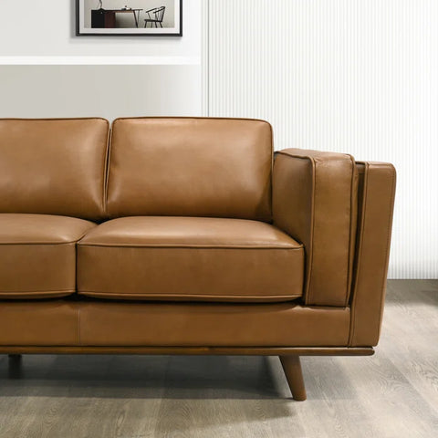 Mid-Century Faux Leather Sofa – 3-Seater Camel Brown Couch with Removable Cushions & Tapered Wood Legs for Living Room or Office