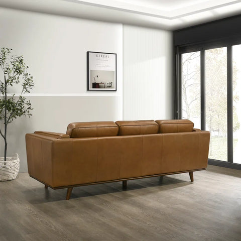 Mid-Century Faux Leather Sofa – 3-Seater Camel Brown Couch with Removable Cushions & Tapered Wood Legs for Living Room or Office