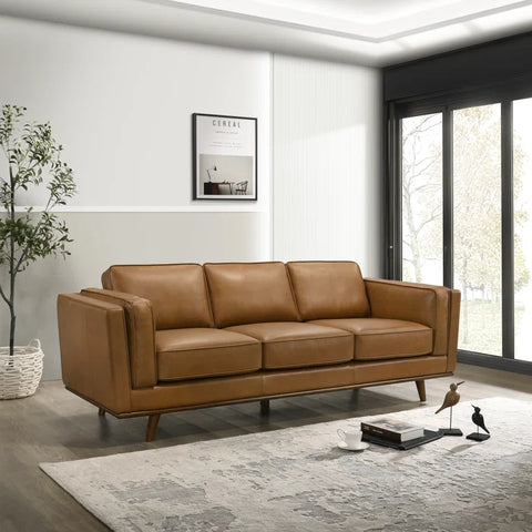 Mid-Century Faux Leather Sofa – 3-Seater Camel Brown Couch with Removable Cushions & Tapered Wood Legs for Living Room or Office