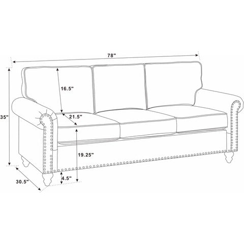 3-Seater Upholstered Sofa – Cushioned Back, Rolled Arms & Nailhead Trim with Engineered Wood Frame & Coil Spring Support for Lasting Comfort