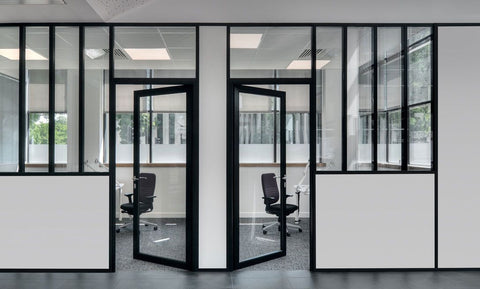 "Office In" - Industrial Chic Glass & MDF Partition with Hinged Doors